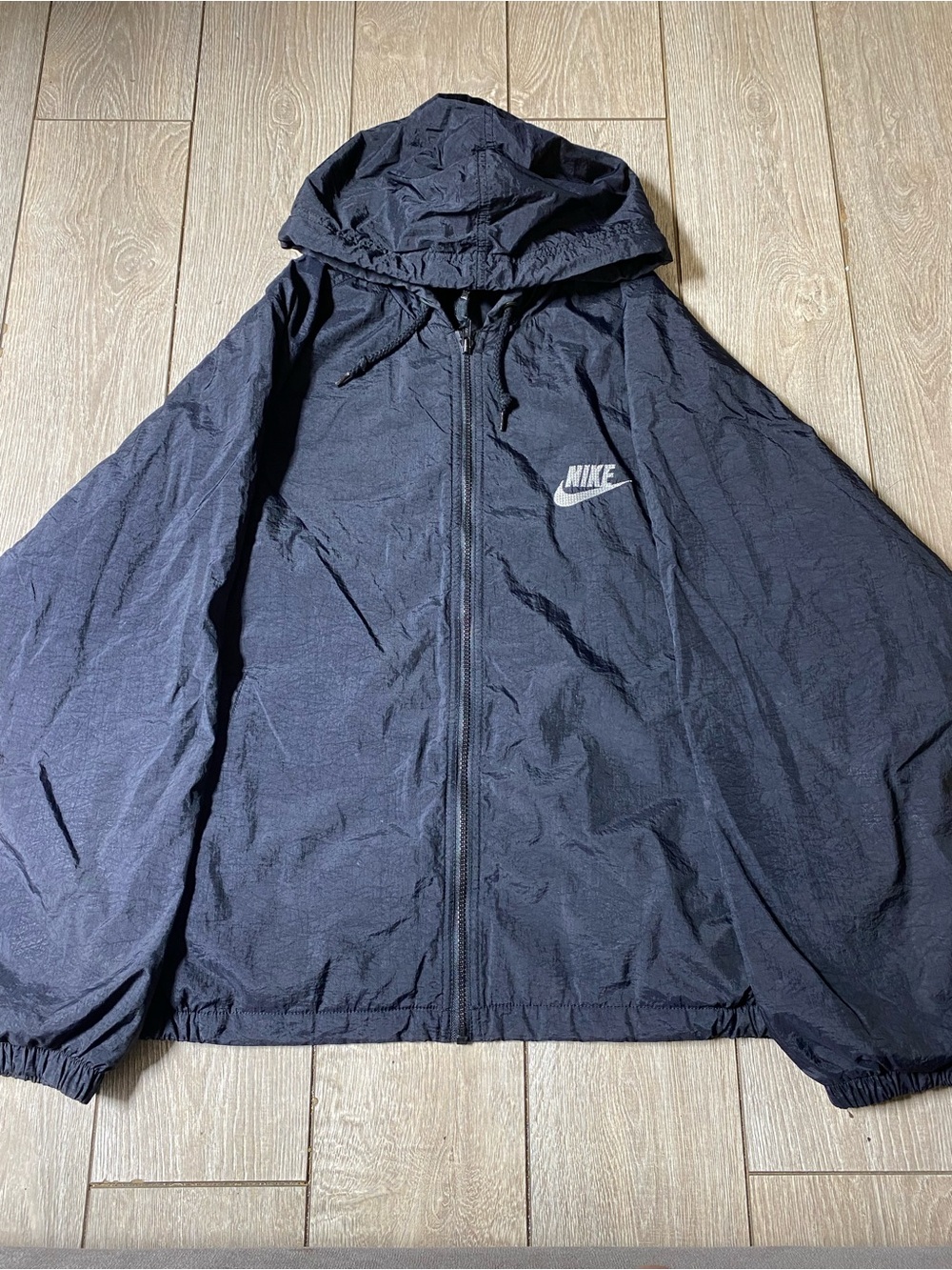 VTG 90s Nike Windbreaker Jacket Black Full Zip Hooded Mens Size L Y2K Big Swoosh